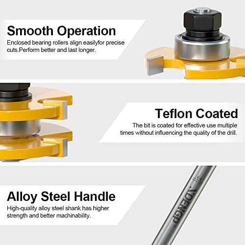 Image of Professional 2 PCS Tongue and Groove Router Bit Set 1 /4 Inch Shank, 3 Teeth T Shape Wood Milling Cutter Woodworking Tools, Matched Oak Hardwood Floor Wainscoting Boards Joinery Router Bit