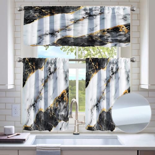 Black White Marble Kitchen Window Curtain Set, 52x36