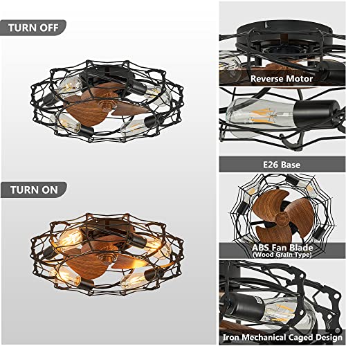 7Pmbeane 21" Caged Ceiling Fans With Lights, Rustic Enclosed Low Profile Ceiling Fan With Lights And Remote, 6 Wind Speeds, Industrial Ceiling Fan With Light For Bedroom, Living Room, 1-4H Timing #TOP2
