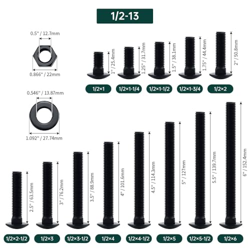 Image of 1 /2-13 x 1-1 /2 inch Black Carriage Bolts with Nuts and Washers Kits (8 Sets), 304 Stainless Steel 18 /8, Black Finish, Round Head, Square Neck, Heavy Duty Bolts, Indoor Outdoor Fastening Bolts, Fayeploo