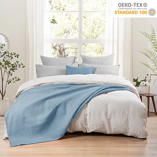 Image of PHF 100% Cotton Waffle Blanket Lightweight Breathable, King Size Dusty Blue | Pre-washed Soft Cozy Summer Throw for Hot Sleepers, Textured Decorative Layer for Bed Couch Sofa Guest Room, Giftable
