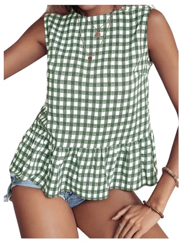 Floerns Women's Gingham Print Sleeveless Round Neck Ruffle Hem Peplum Blouse Top3