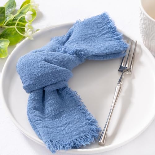 Image of MLMC 10 Pack Dusty Blue Cloth Napkins with Fringe Boho Linen Napkins Washable Reusable Rustic Dinner Table Decor 17 inchx17 inch for Wedding Party Bridal Baby Shower Home Decor