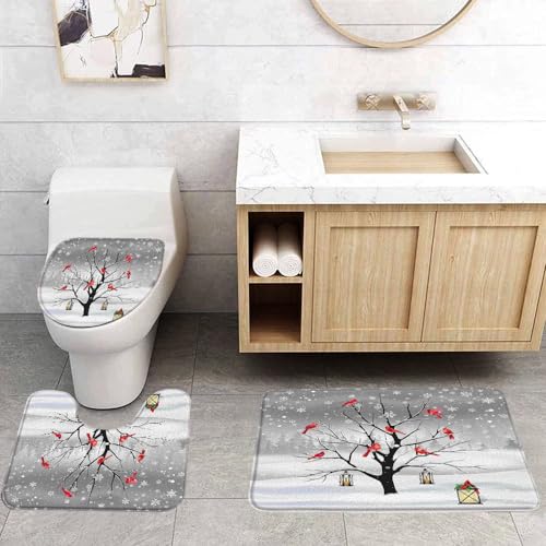 Winter Tree Bird 3 Pcs Bath Rugs Set,Christmas Red Bird Snowy Pine Tree Forest Snowflake Winter Holiday Nature Scene Bathroom Kitchen Rug with 16
