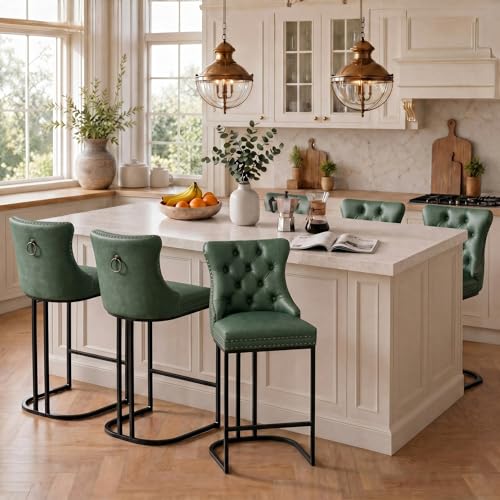 Image of UVV Counter Height Bar Stools Set of 6, 26 inch Modern Barstools with Back, Faux Leather Upholstery Counter Chairs with Metal Legs for Kitchen Island, Bar, Counter, Green