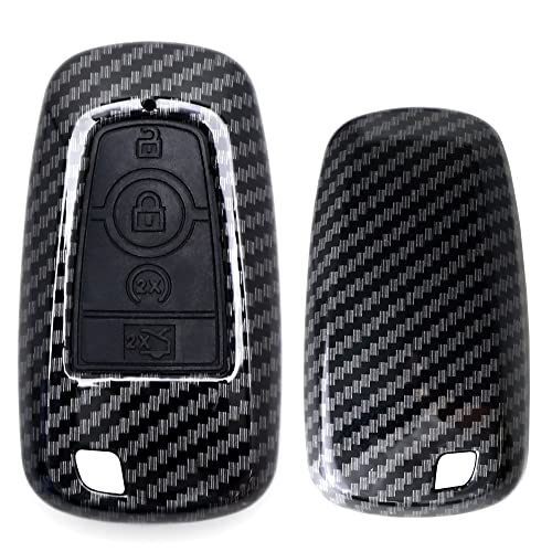 iJDMTOY Carbon Fiber Pattern Key Fob Shell w/Black Silicone Button Pad Cover Compatible With Ford 2018-up Mustang F150 F250 Explorer Expedition Smart Keyless