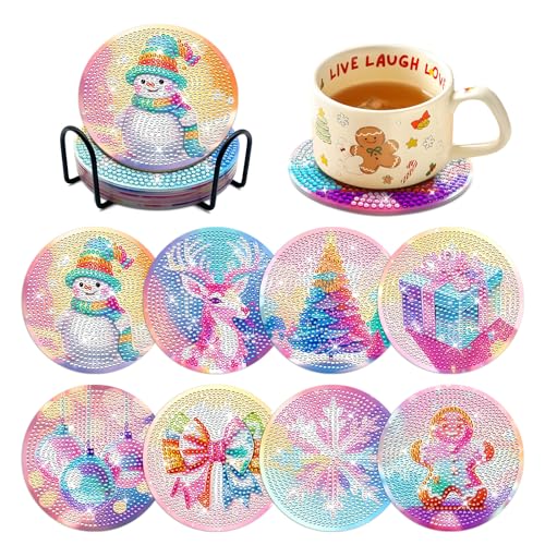 Image of ZTOTZ Diamond Art Coasters Kits with Holder,8pcs Christmas Snowman Diamond Painting Coasters,DIY Festival Diamond Art Coasters Craft for Adult Beginner for Christmas Holidays Gift(Elk Deer,Snowflake)