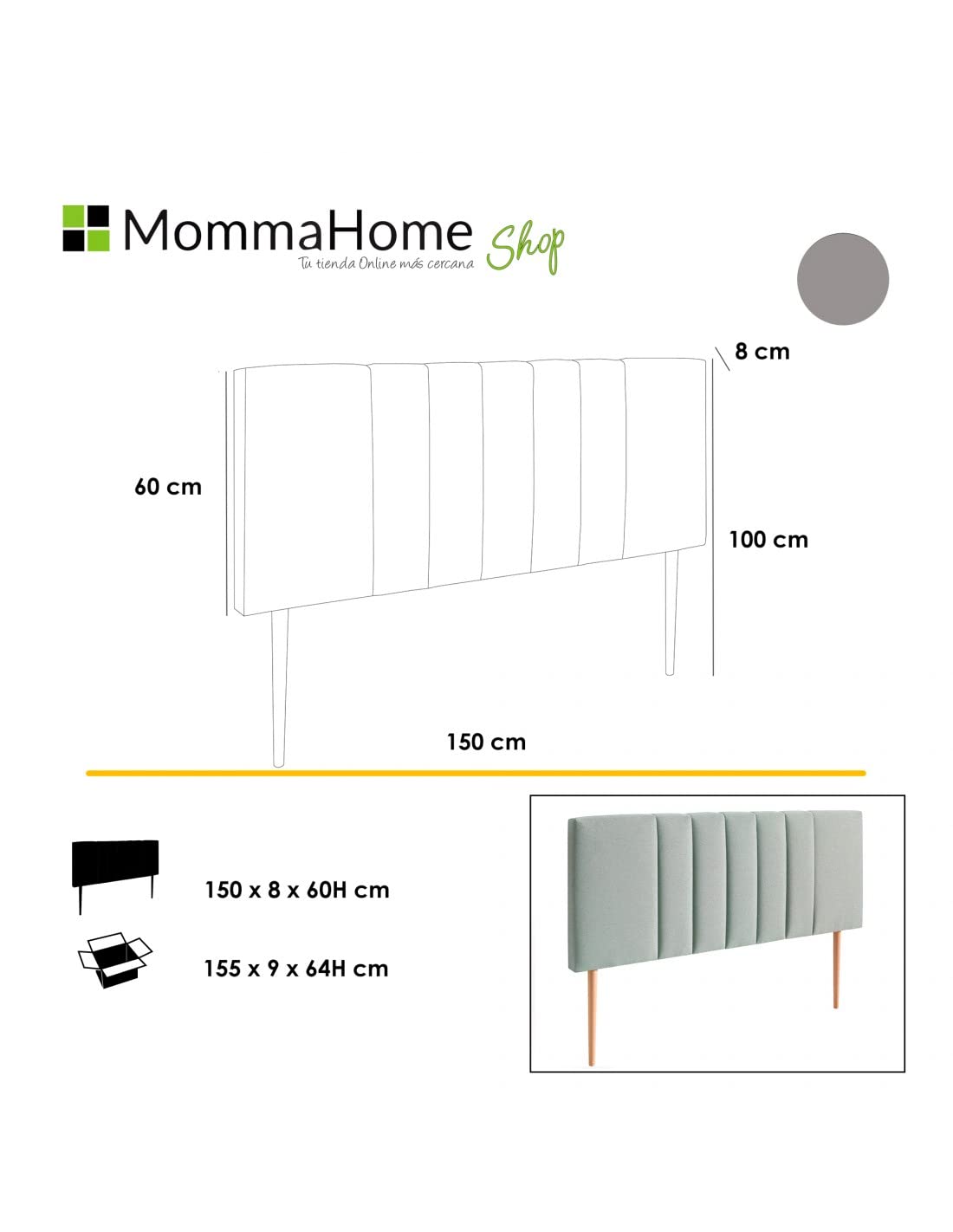 MOMMAHOME® Cabecero de Cama Luna en Tela Con Patas de Madera - Tapizado Suave, Acolchado, Incluye Herrajes - Color Gris, 150 x 60 + 40cm de Patas