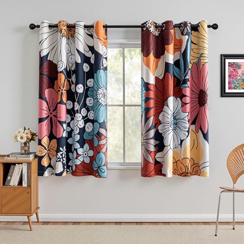 Image of MYSKY HOME Boho Floral Blackout Curtains for Bedroom 63 inch Long Botanical Black Out Curtains for Living Room Grommet Thermal Insulated Room Darkening Window Drapes for Home Decor,2 Panels, 52 inchx63 inch