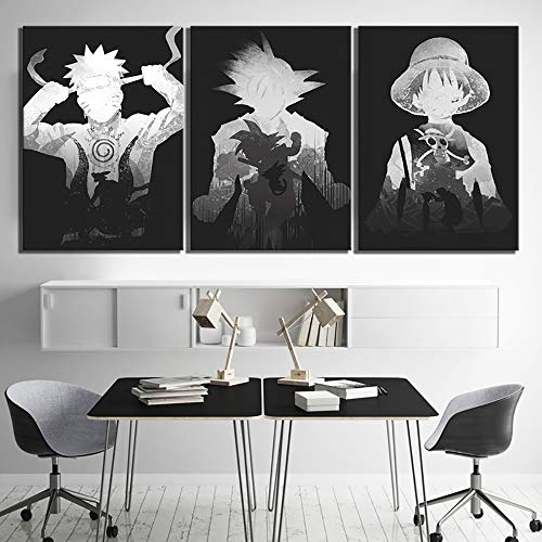 JSBVM 3 Piezas Goku Luffy y Naruto Cartoon Imágenes Blanco Negro Pinturas...