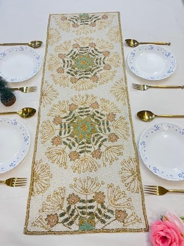 Image of Handmade Cream Gold Beaded Dining Table Runner | Elegant Console Runner for Dining Table Decor, Festive Decoration & Diwali Gifting | Luxury Bead Work Table Accent for Home & Parties