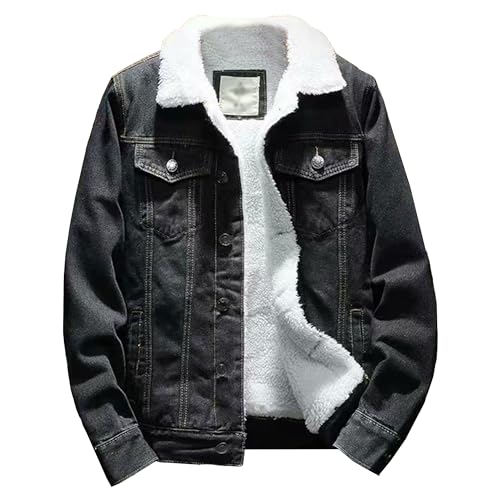 Men Fur Collar Lined Denim Jacket Sherpa Windbreaker Cotton Jean Jackets Winter Fleece Cargo Cowboy Coats