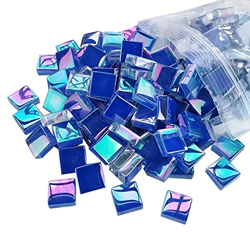 Focal20 モザイクタイル 正方形 玉虫色 クリスタル モザイクガラスタイル 工芸用 モザイクピース DIY 写真フレーム ハンドメイド ジュエリー アート 装飾 ギフト、100枚 (ネイビーブルー)