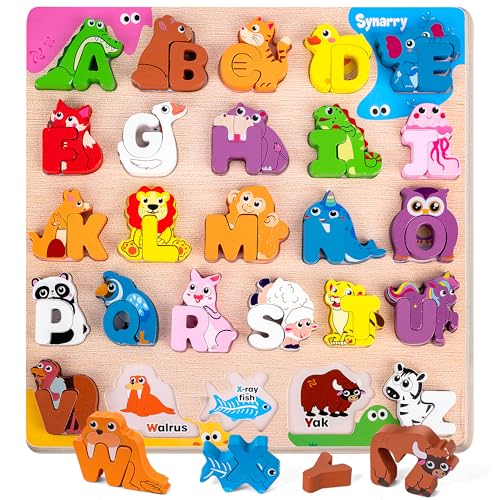 SYNARRY Wooden Alphabet Puzzle 52 Pieces ABC Puzzles for Kids Ages 3-5 Alphabet ABC Letter Blocks Puzzles for Toddlers 3-5 Animals Letter Matching Preschool Learning Toys Easter Gifts for Kids