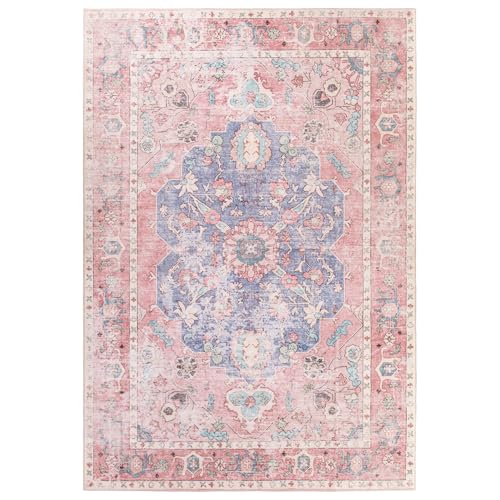 Image of Medallion Area Rug - Honeycomb Non-Slip Backing Rug Foldable Faux Wool Carpet Machine Washable Area Rugs for Living Room Bedroom Dining Room Home Office(8'x10', Ocean /Pink)