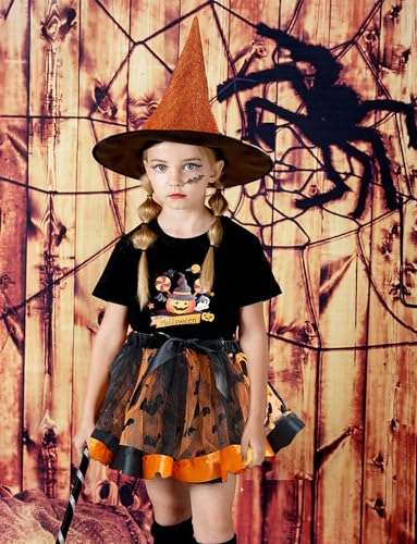 Image of Happy Cherry Toddler Girls Witch Tutu Skirt Set with Hat & Broomstick 3 Pcs Dress Up Halloween Outfits 3-8Y