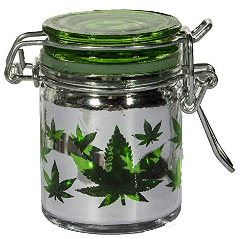 Airtight Glass Mini Storage Jar - Shiny Metallic Silver with Green Leaf Cutout Design, 1.5oz, 2.5 Inches