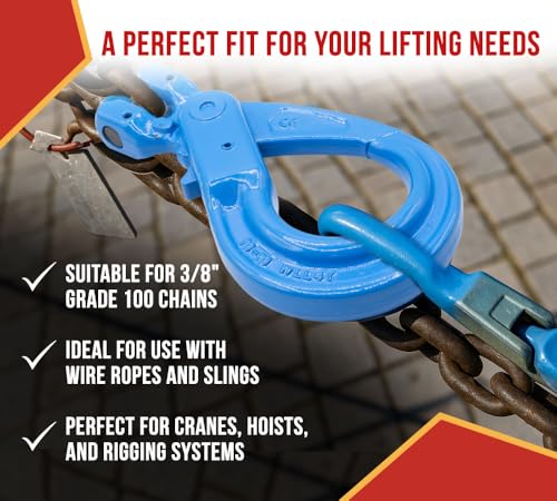 Mytee Products 2 Pack 3/8\" G100 Clevis Self-Locking Hook, Blue Alloy Steel, 8,800 lbs WLL – Heavy Duty Rigging Hook for 3/8\" Lifting Chains, Wire Ropes, Overhead Lifting & Industrial Use - Thumbnail 4