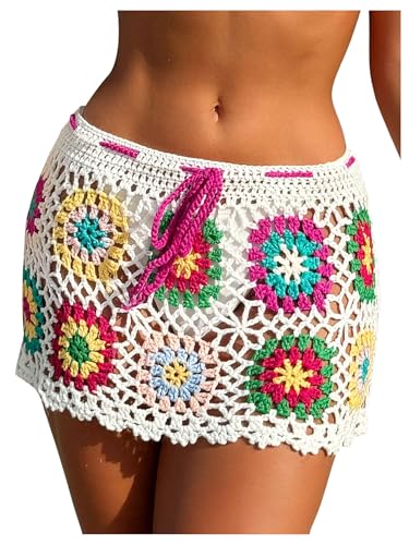 WDIRARA Women's Crochet Floral Cover Up Skirt Sheer Hollow Out Beach Swim Coverups Skirt