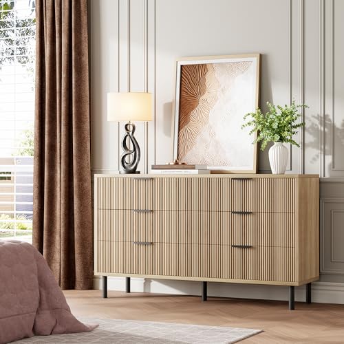 GarveeHome Oak Fluted 6 Drawer Dresser, Wide Wood Double Dresser with Metal Legs and Handles, Modern Chest of Drawers with Anti-Tipping Design for Bedroom Living Room Hallway