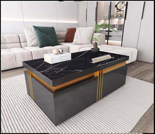 Image of Premium Marble-Top Wooden Center Table for Living Room | Coffee Table | Contemporary Design Craftsmanship (Black - 42x24x17 Inch)