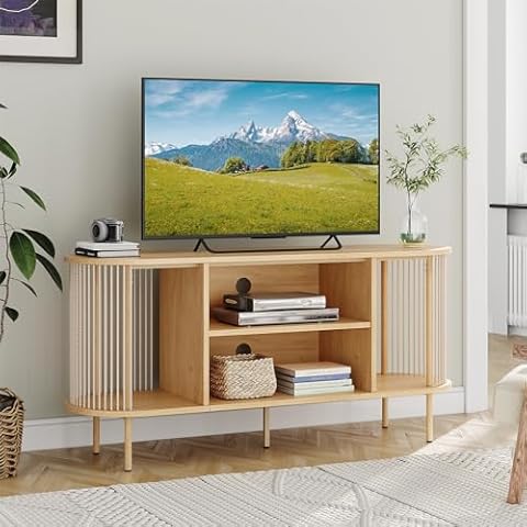 Yechen Boho Natural Rope Woven TV Stand for 55 60 Inch TV, Mid Century Modern Entertainment Center with Storage Shelves and Steel Stand, Wooden Media Console Table for Living Room, Bedroom Cover