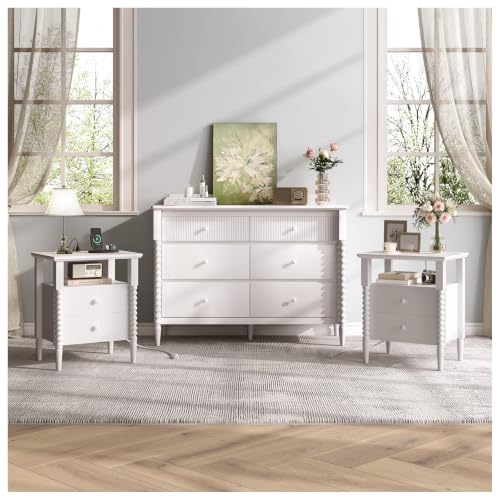 Image of JOINICE White Nightstand with Charging Station, Jenny Lind Spindle Style | Bedside Table for Bedroom, Living Room, Kids Room, End Table with 2 Large Drawers Solid Wood Legs, Easy Assembly