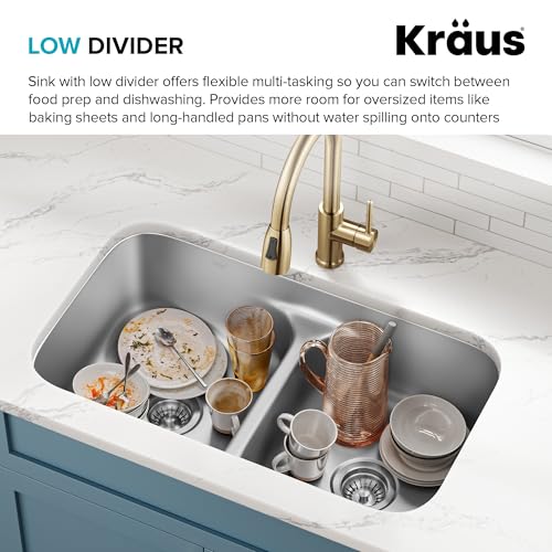 Image of KRAUS Premier 32 in. Undermount 50 /50 Double Bowl 18-Gauge Stainless Steel Kitchen Sink and Commercial Style Pull Down Faucet in Spot-Free Stainless Steel, KCA-1200