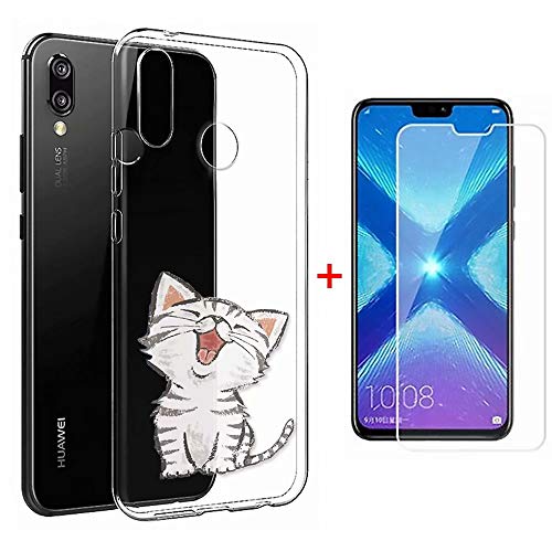 MISSDU Compatible avec Coque Huawei Honor 8X Coque avec Verre trempé écran Protecteur, Transparent Case Silicone Housse TPU Gel -Chat Blanc