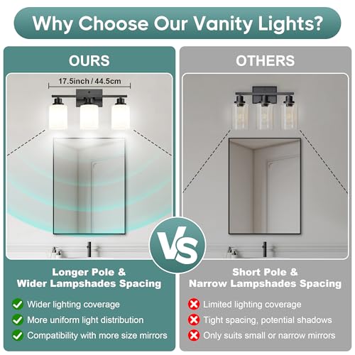 Image of Ascher Bathroom Light Fixtures, 3-Light Vanity Light Over Mirror, Black Wall Sconces with Milky White Frosted Glass Shades, Wall Lamp for Living Room Bedroom, E26 Base(Bulbs Not Included)