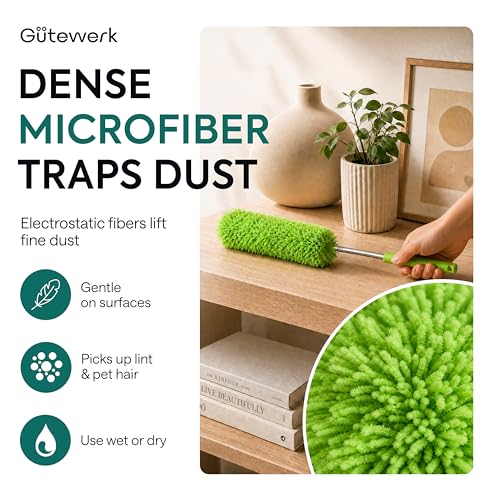 Image of GUTEWERK Microfiber GaoeTewerk Dustr Duster With Extension Pole, Feather Duster, Ceiling Fan Dusters For Cleaning, Dust Cleaner, Cobweb 7.1 Cm, Green