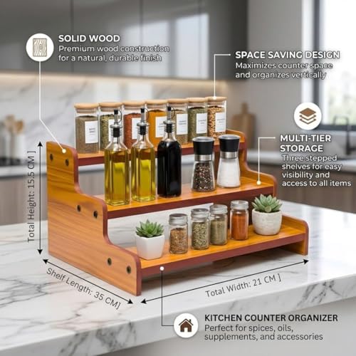 Image of SAFAK 3-Tier Spice Rack, 13.8 Inch Wood Step Shelf Countertop Spice Storage Holder, Kitchen Pantry Cabinet Organizer Cupboard for Spice Bottles, Jars, Seasonings, Baking Supplies,