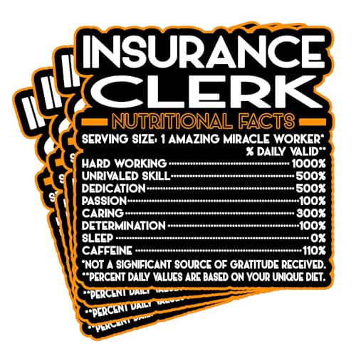 (4Pcs) Insurance Clerk Vinyl Decal Sticker – Nutritional Facts Quote for Laptops, Water Bottles, Cars, Bumpers, Toolboxes – Gift for Coworker, Office, Birthday, Christmas – Waterproof Vinyl, Easy Peel