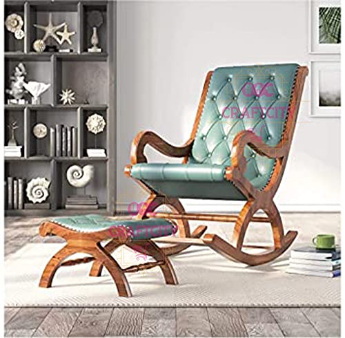 Image of CRAFTCITY Sheesham Wood Elegant Rocking Chair with Pillow and Matching Foot Stool /Living Room Chair /Rose Wood Rocking Chair /Single Seater Sofa with Footrest,Pre-Assembled (Green 2)