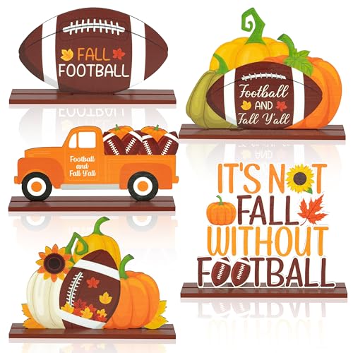 Haooryx Fall Autumn Football Wooden Centerpieces - 5Pcs Fall Football Maple Pumpkins Table Topper Sign Detachable Table Decoration for Football Game Day Thanksgiving Party Autumn Home Wood Craft Decor