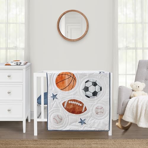 Image of Sweet Jojo Designs Sports Theme Boy Baby Mini Crib Bedding Set Infant Nursery Room Newborn Blanket Portable Pack n Play Sheets 3p Watercolor Vintage Soccer Balls Football Baseball Basketball Blue Star