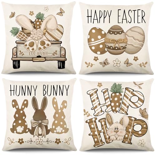 Hianjoo Funda de Cojín Pascua 45 x 45cm, 4 Piezas Algodón Suave Fundas de Almohada Decorativas con Diseño de Conejito de Pascua para Cojines para Hogar Dormitorio Sofá Decoración Semana Santa, Marrón