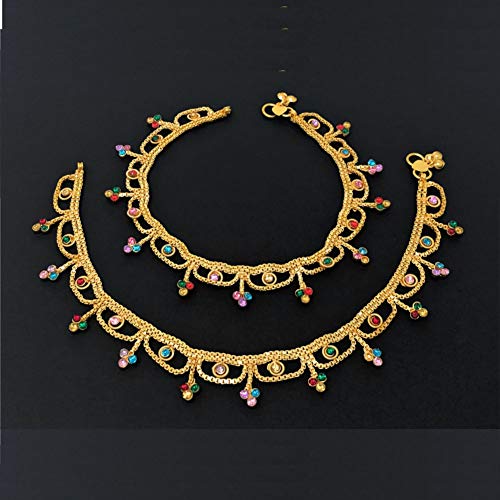 Image of Duel On Jewel Gold Payal Set for Women, Indian Paayal Jhanjar Chain Anklets with Bell Detail, Foot Jewelry Pair, 10 Inch Comfort Fit, Traditional & Dainty Styles for Wedding Beach Everyday Gift