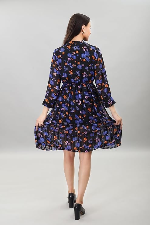 Image of A-Line Floral Printed Fit & Flared Western Brown Dress for Women | One Piece Midi Dress for Women Stylish Western Printed Dresses