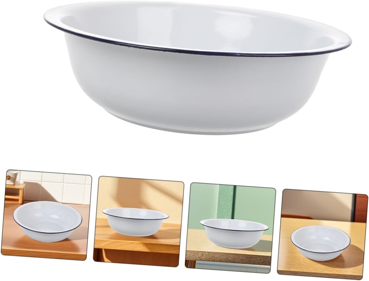 32cm Large Enamel Pot Vintage Enameled Mixing Bowl White Kitchen Vegetable Washing Basin Easy to Clean Enamelware