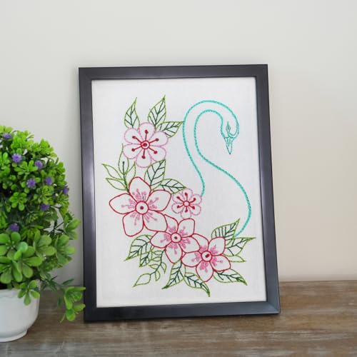 Image of picknMAKE Hand Cross Stitch Embroidery Kits for Beginners Adults with Cloth Fabric, Framed White Swan Pattern to do Embroidery with Instruction and All Material Included
