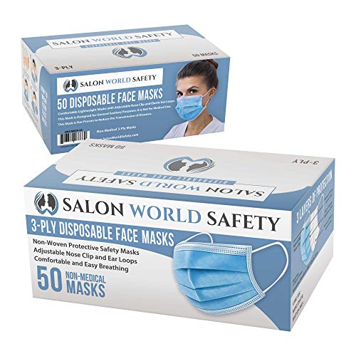 Tcp Global Salon World Safety - Sealed Dispenser Box Of 50 Face Masks Breathable Disposable 3-Ply Protective Ppe With Nose Clip And Ear Loops #TOP4