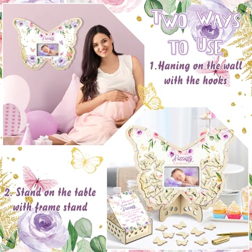 Image of Wenqik 63 Pcs Butterfly Baby Shower Guest Book Alternatives Set Baby Shower Decorations with Photo Frame Sonogram Frame Keepsake 60 Wood Slices Guest Book for Birthday