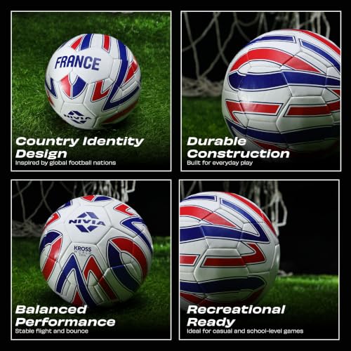 Image of Nivia Kross World Football (France) Training Ball, 32 Panels, Durable Rubber Hand-Stitched, Latex Bladder, As Per AIFF Standards, to Play On Both Natural and Artificial Grass (Size - 5, White)