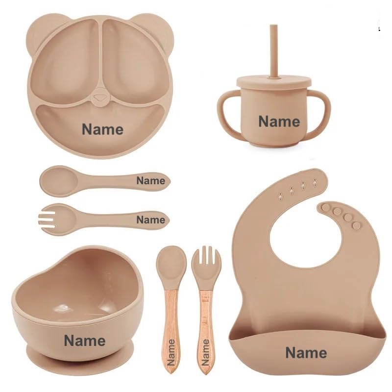 Personalized Baby Name Panda Ear Bear Feeding Set 8Pcs, Custom Name Baby Silicone Weaning Set, Feeding Set With Name BPA Free