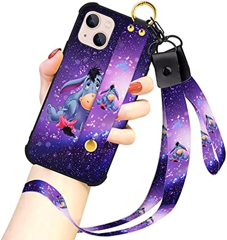 Cartoon Case for iPhone 13 Case 6.1 Inch Cute Eeyore Cartoon Character Design with Lanyard Wrist Strap Band Holder Shockproof Protection Bumper Kickstand Cover for iPhone 13 (2021)