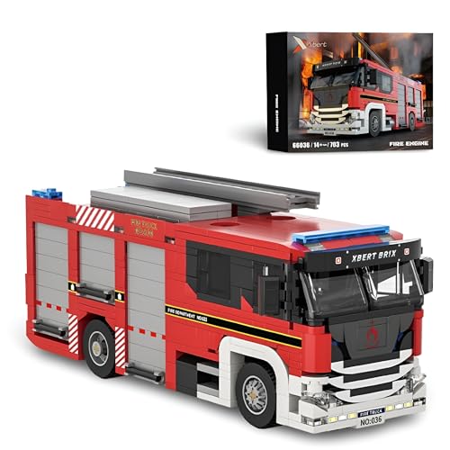 Ebortsin Technik City Feuerwehrauto Bausteine Bausatz, 704 Teile Feuerwehrauto LKW Klemmbausteine Modellbausatz, Geschenk für Erwachsene und Kinder, Kompatibel mit L***