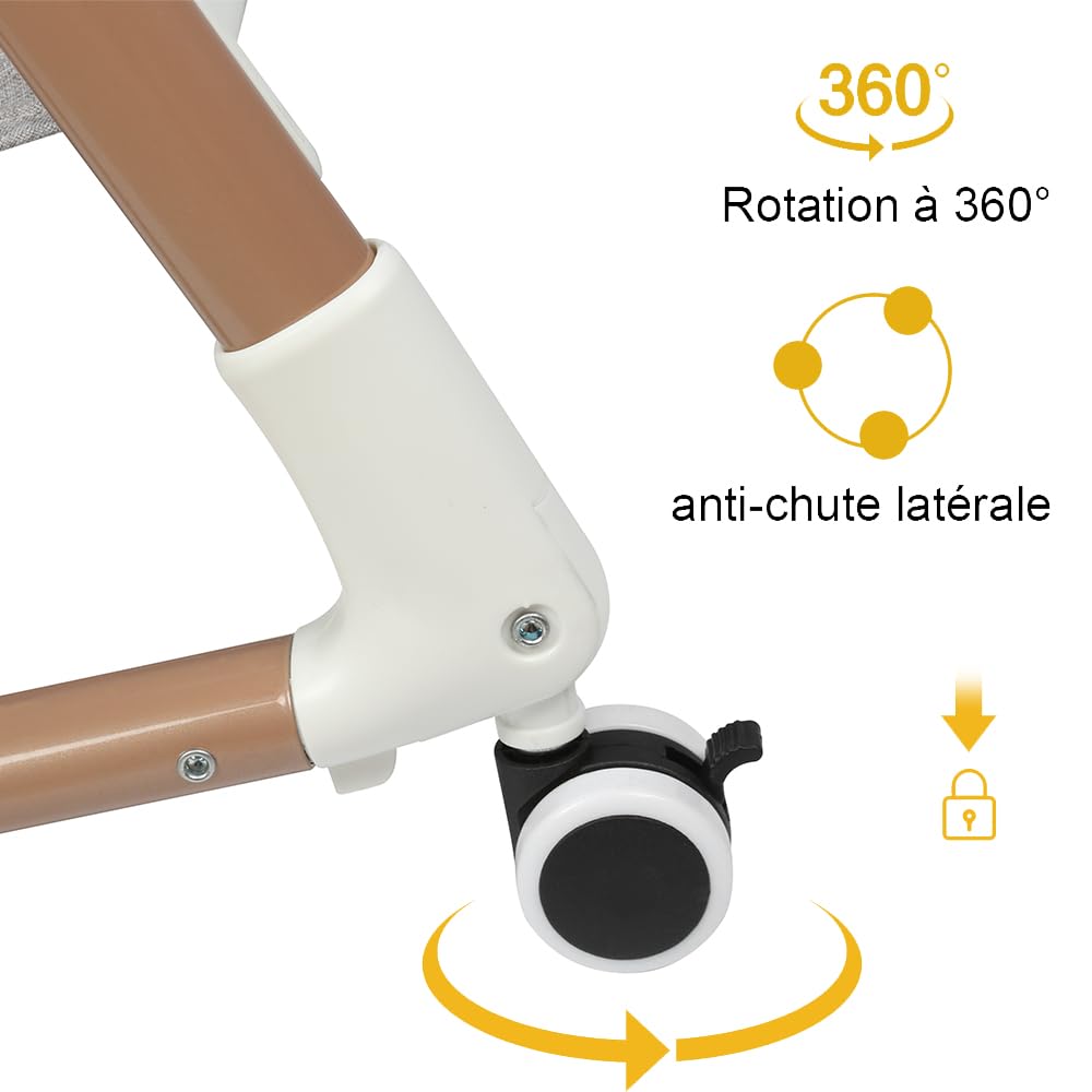 HUOLE Łóżeczko dziecięce 3 w 1 do 30 kg, łóżeczko bujane, regulacja wysokości i nachylenia materaca, 4 kółka z hamulcem, ergonomiczny materac, torba-96 x 60 x 90-115 cm-szary