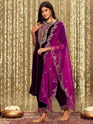 Image of TRENDMALLS Women's Velvet Embroidery Salwar Suit Set Kurta Pant with Dupatta