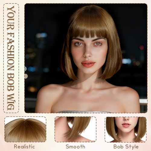 Image of PLULON Light Brown Short Bob Wig with Bangs for Women, Colorful Neon Short Bob Synthetic Hair Wigs with Hair Cap Heart Sunglasses for Adults Daily Bachelorette Halloween Costume Party Supplies